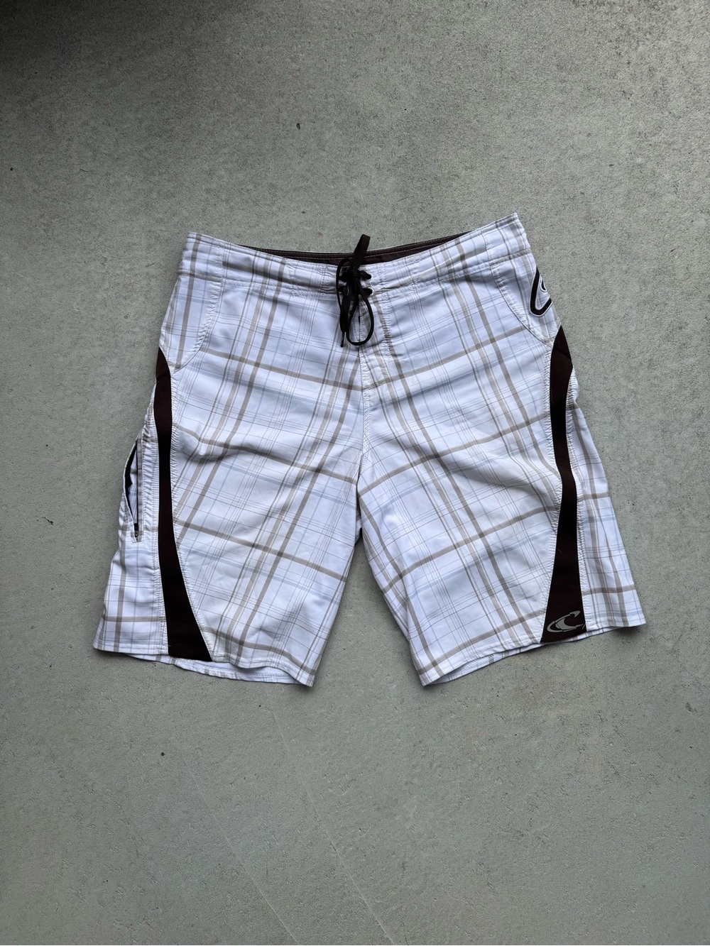 O'Neill White Plaid Swim Board Shorts with Brown Side Panels
